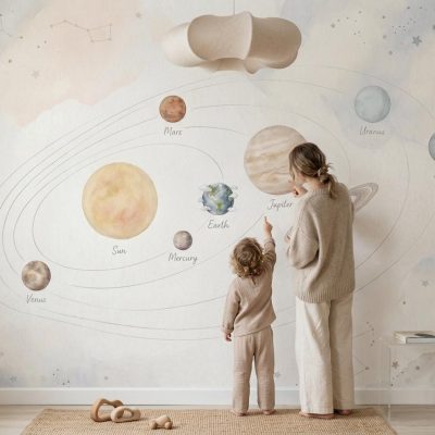 Solar System Wallpaper Nursery, Space Wall Mural Kids Room, Educational Planets Wallpaper, Baby Room Decor, Kinderzimmer Tapete Weltraum